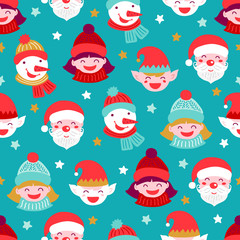 Christmas seamless pattern with Santa, elf, girl, snowman and stars