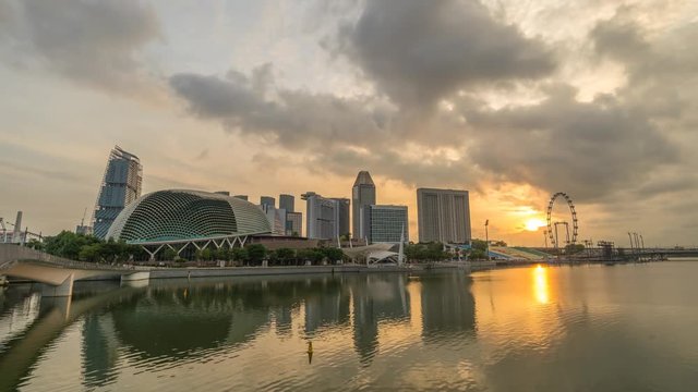 Singapore business district city skyline waterfront sunrise timelapse, Marina Bay, Singapore 4K Time lapse
