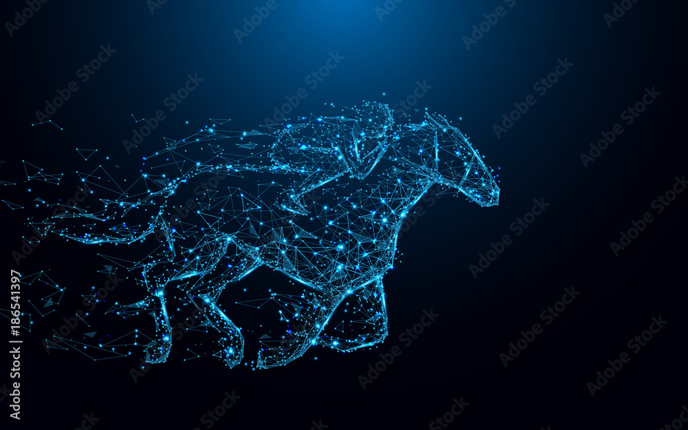 Poster abstract jockey on horse form lines and triangles, point connecting network on blue background. illu