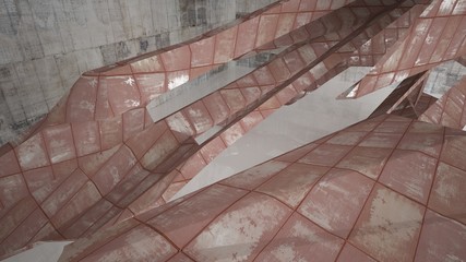 Empty abstract room interior of sheets rusted metal and beige concrete. Architectural background. 3D illustration and rendering