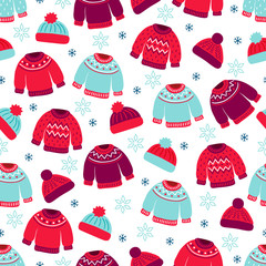 Christmas seamless pattern with snowflakes, woolen hats and knitted sweaters