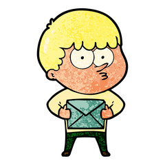 cartoon curious boy carrying a gift