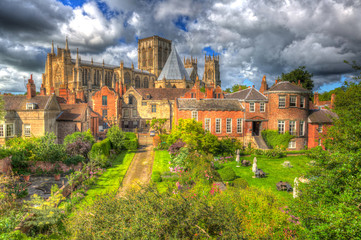 York Minster rear view from the City Walls of the historic cathedral and UK tourist attraction in...