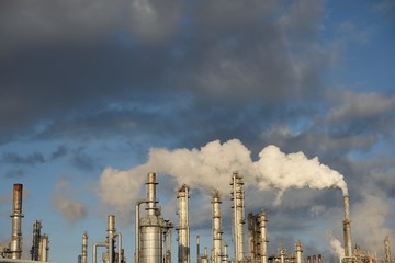 Smokestack. Emission plume. Petrochemical industrial refinery. Corpus Christi.