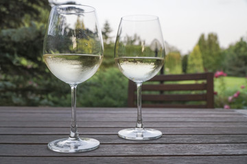 white wine glasses on wooden table at garden