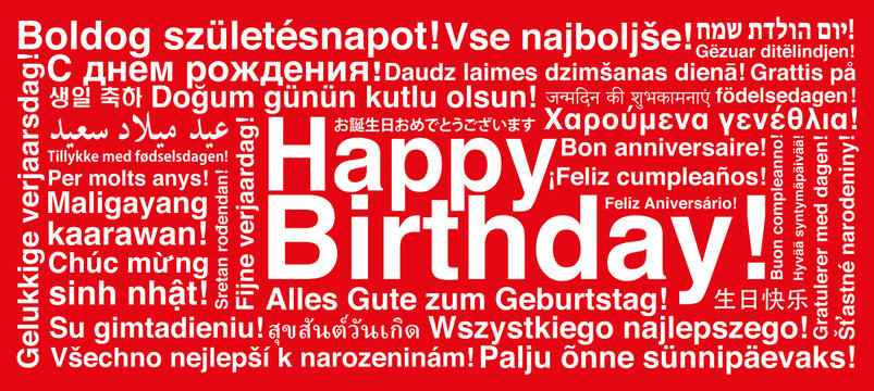 Happy Birthday in different languages wordcloud greeting card