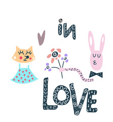 Hand drawn animals in love with lettering 