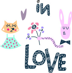 Hand drawn animals in love with lettering "In Love"