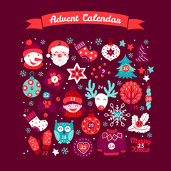 Christmas advent calendar with santa, sock, berry, deer, sweater, snowflake