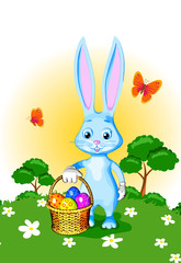 rabbit easter basket basket wicker eggs dyed holds a gift custom symbol holiday blue background white cartoon style green lawn flowers trees sunlight