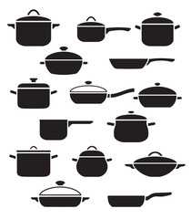 Vector set of kitchen utensils. Collection black and white pots and pans with lids.
