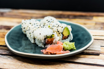 Japanese food Sushi Roll Maki of Salmon and avocado