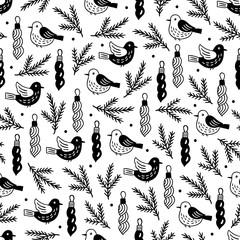 Christmas seamless pattern with birds and fir branches