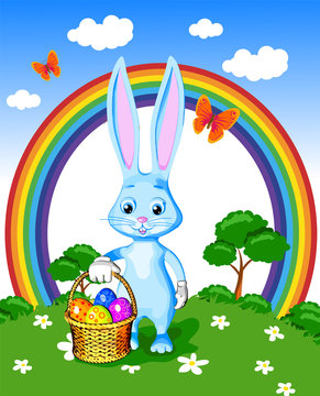 rabbit easter basket wicker eggs painted kept gift custom symbol holiday blue background white cartoon style green lawn flowers trees sunlight rainbow trees 