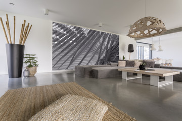 Living room with grey mural - obrazy, fototapety, plakaty