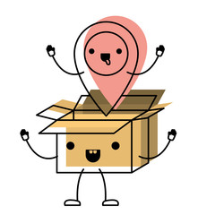 animated opened kawaii cardboard box with kawaii map pointer on top in watercolor silhouette