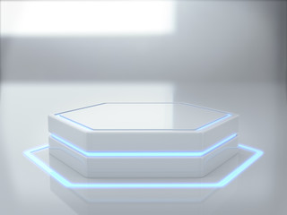 Pedestal for display,Platform for design,Blank product stand with light glow,Future background.3D rendering.