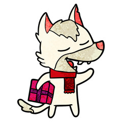 cartoon wolf with christmas present laughing