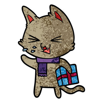 cartoon hissing cat with christmas present