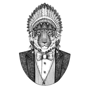 Wild cat, Leopard, Cat-o'-mountain, Panther Wild animal wearing inidan hat, head dress with feathers Hand drawn image for tattoo, t-shirt, emblem, badge, logo, patch
