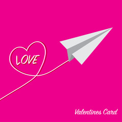 Valentines card with line heart, love and paper airplane. Vector illustration.