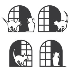 an illustration consisting of four different images of cats and windows in the form of a symbol or logo