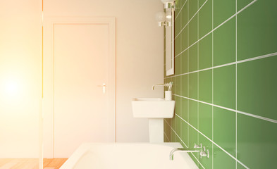Scandinavian bathroom, classic  vintage interior design. 3D rendering. Sunset.