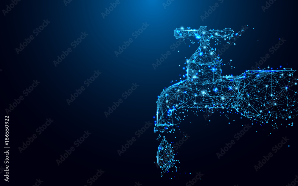 Leinwandbilder Dripping tap with drop form lines and triangles, point connecting network on blue background. Illustration vector