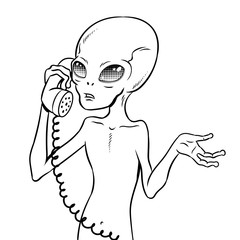 Alien speaking on phone coloring book vector