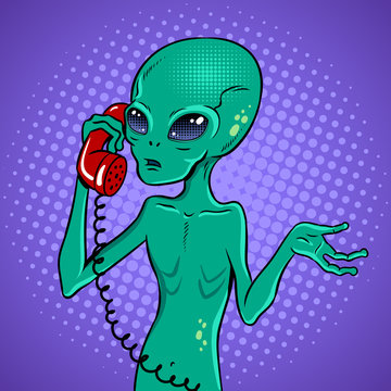 Alien speaking on phone pop art vector