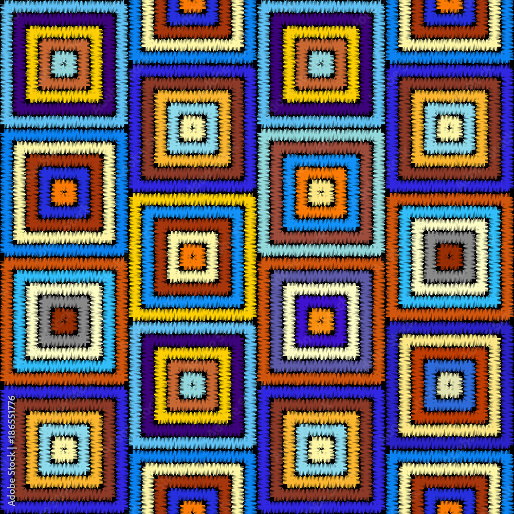Poster Imitation of geometric embroidery pattern. Colored lines on a black background. Ethnic and tribal motifs. Seamless vector background in the bohemian style.