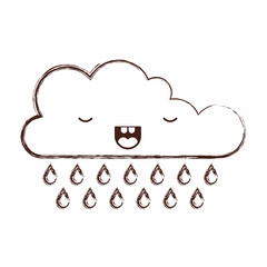 kawaii cloud with rain in monochrome blurred silhouette