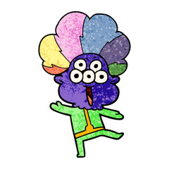 happy cartoon alien dancing in clown wig