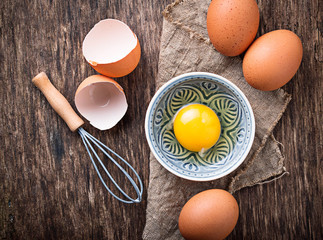 Raw chicken eggs and whisk