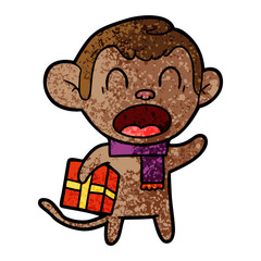 shouting cartoon monkey carrying christmas gift