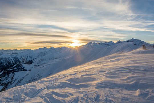 Sunset in ski resort Serfaus Fiss Ladis in Austria