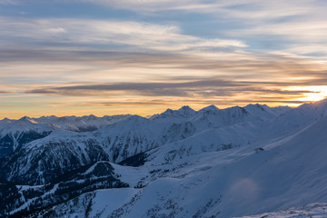 Snowy mountains during sunset in the ski resort Serfaus Fiss Ladis