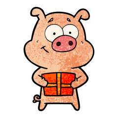 happy cartoon pig holding christmas present