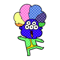 happy cartoon alien dancing in clown wig