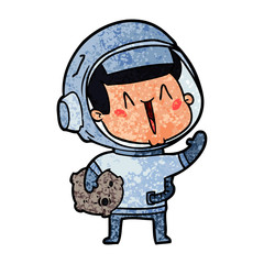 happy cartoon astronaut with moon rock
