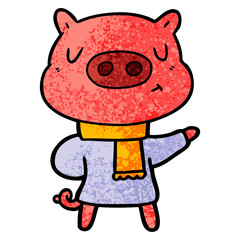 cartoon content pig in winter attire