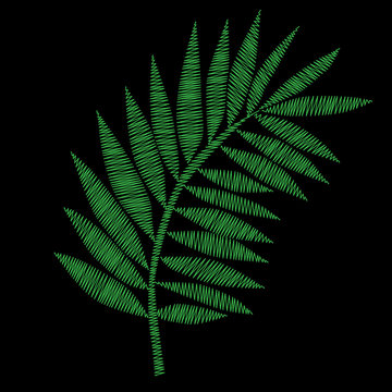 Green palm leaf embroidery stitches imitation on the black background
