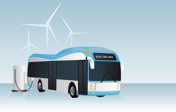 Electric bus is charging at the charging station. In the background wind generators. Vectror illustration EPS 10