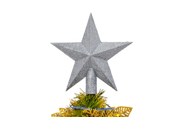 Christmas decoration Christmas tree top silver star. Star on white background isolated.