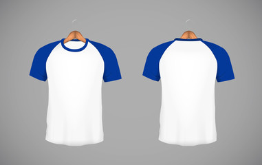 Men's slim-fitting short sleeve baseball shirt with wood hanger. Blue Mock-up design template for branding.