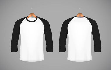 Men's slim-fitting long sleeve baseball shirt with wood hanger. Black Mock-up design template for branding.