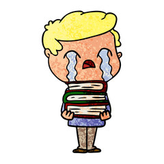 cartoon man crying over stack of books