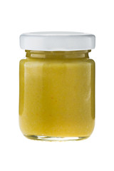 Hot chili mustard in glass on white background