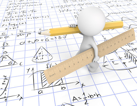 Do the Math. Dude 3D character carrying large wooden Ruler and yellow Pencil. Walking on gridpaper with Math symbols.  3d Render.