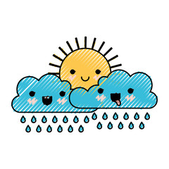 kawaii sun and cloud with rain in colored crayon silhouette